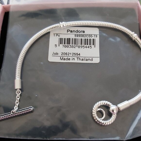 Auth Pandora Sterling Silver Moments T-Bar Snake Chain Bracelet 599082C00-19 - Picture 8 of 9